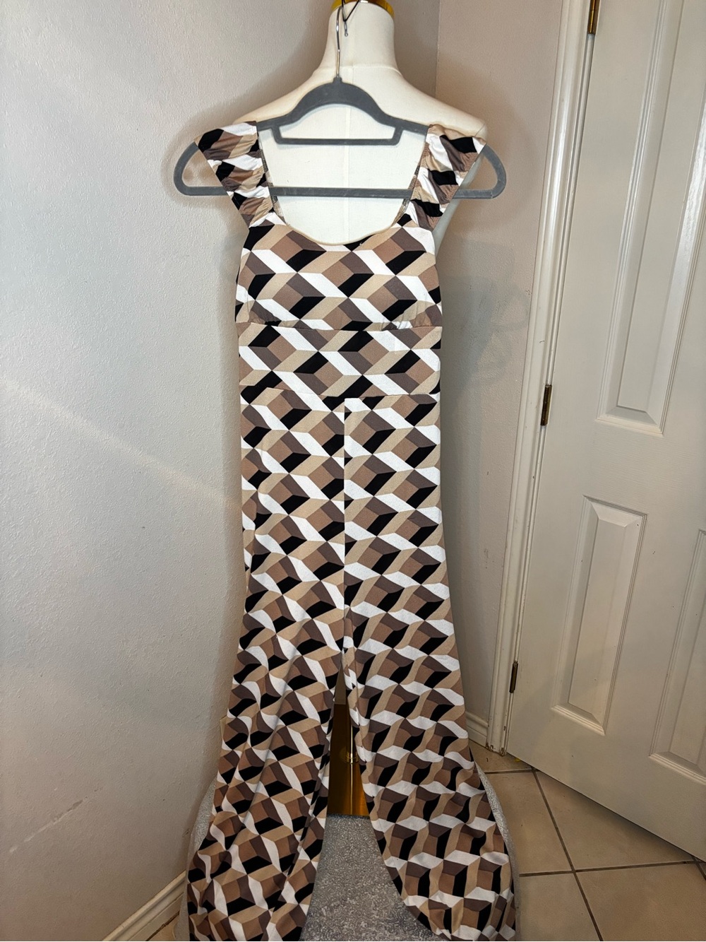 Derek Heart Geometric Print Jumpsuit in Beige, Black & Cream